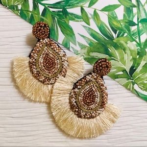 Ivory Seed Bead and Fan Women’s Tassel Earrings